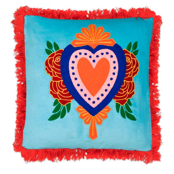 Cushion Milagro Heart Fringes l.blue for wholesale by Kitsch Kitchen