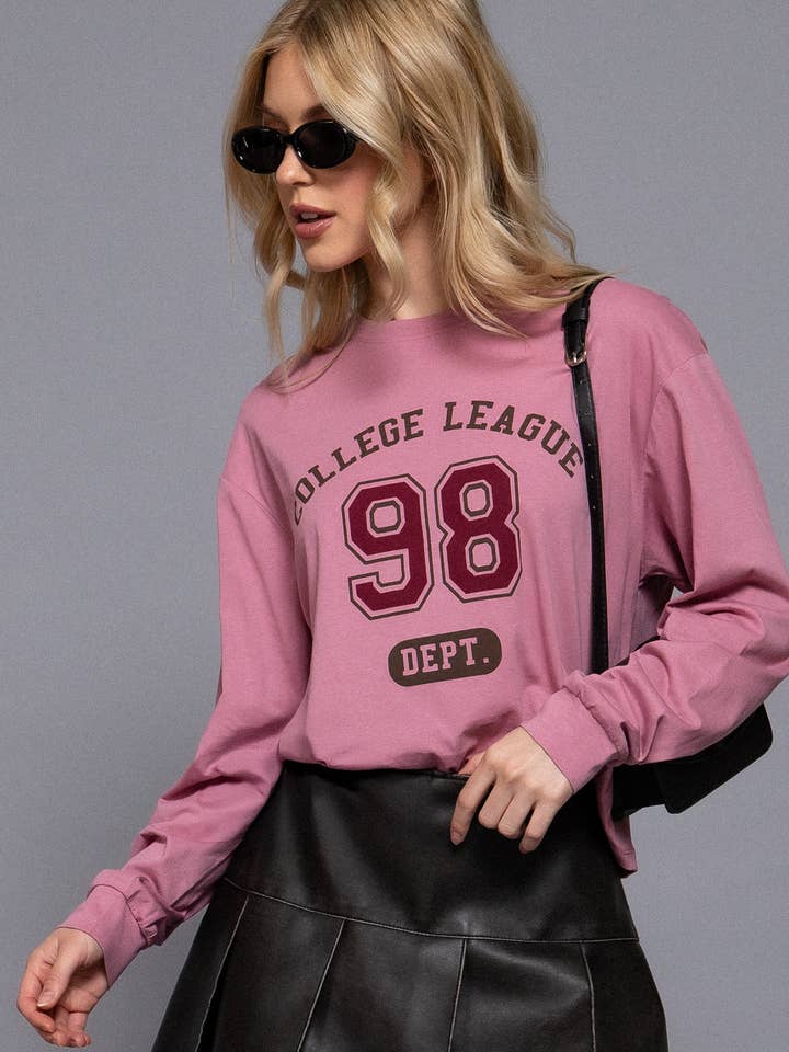 Long Sleeve Crew Neck Printed Detail Cotton Top for wholesale by Active Basic | Active USA