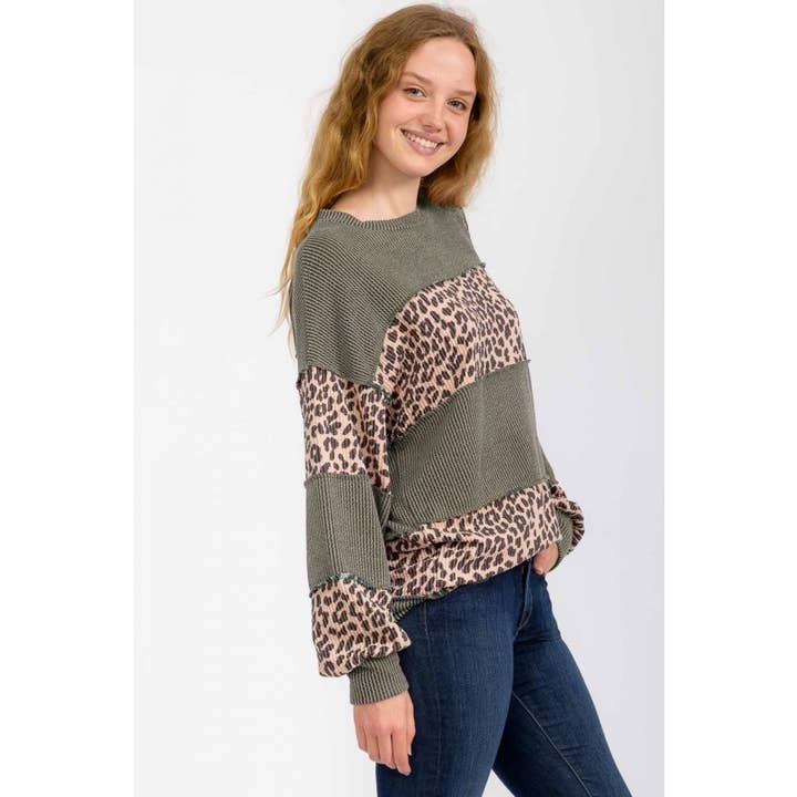KVINDER LEOPARD PRINT FARVEBLOK RIBSTRIK TRØJE for engroshandel hos Upmost