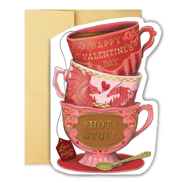 Valentine’s Day Teacup Stack Diecut Card for wholesale by Good Juju Ink