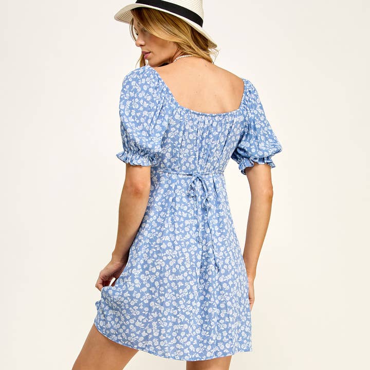 4th of july TIE BACK PUFF SLEEVE MINI FLORAL DRESS-F74048-1 for wholesale by FREEZIA