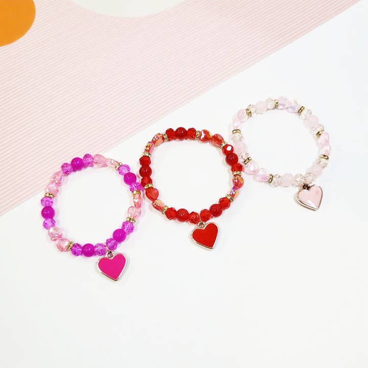 Assorted Color Heart Charm Beaded Stretch Bracelet for wholesale on Faire