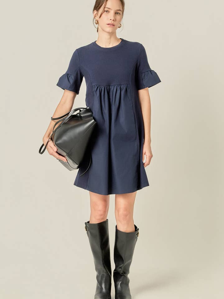 Mixed Media Ruffled Short-Sleeve Mini Dress for wholesale by English Factory