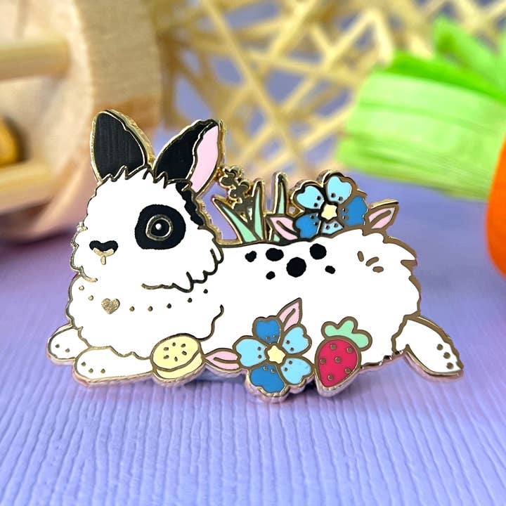 Black Spotted Lionhead Bunny Enamel Pin for wholesale by The Crowned Rabbit