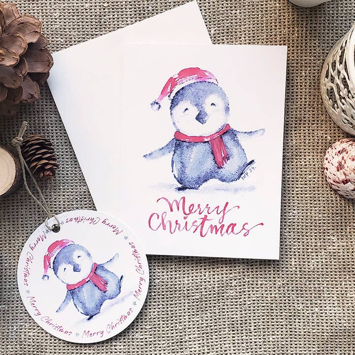Kerstkaart met papieren ornament - Pinguïn voor wholesale door Ivywild Studio