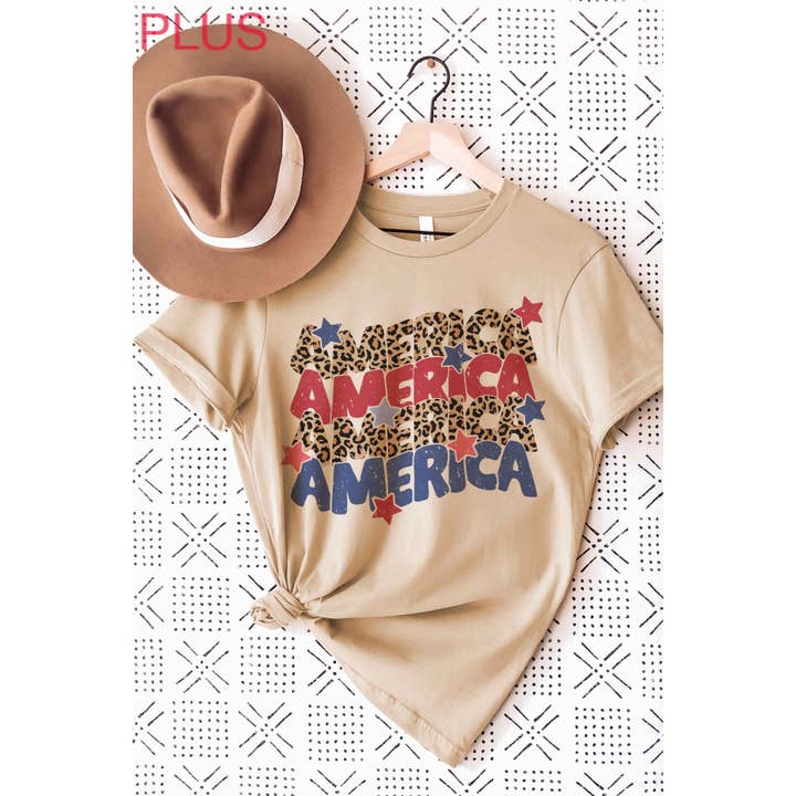 BLUME & CO. - Wholesale T-Shirt (Graphic) - Women's - LEOPARD AMERICA REPEAT Plus Size Graphic Tee