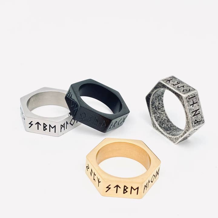 Viking Rune Stainless Steel Hex Nut Ring - MJ/MR for wholesale by Mio Queena