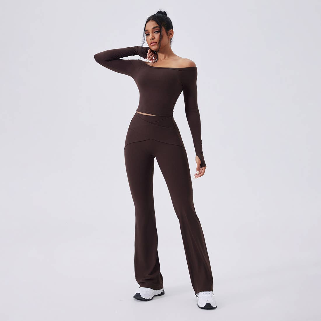 Sodalemon - Venta al por mayor Conjunto de ropa deportiva - Mujer - Conjunto de Yoga de Cintura Alta y Hombros Descubiertos: Top de Manga Larga + Leggings8