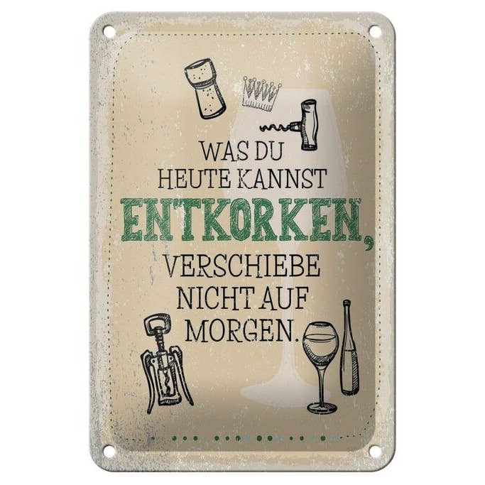 Panneau en étain avec inscription Alcool What can uncork today, panneau 12x18 cm pour la vente par Femer