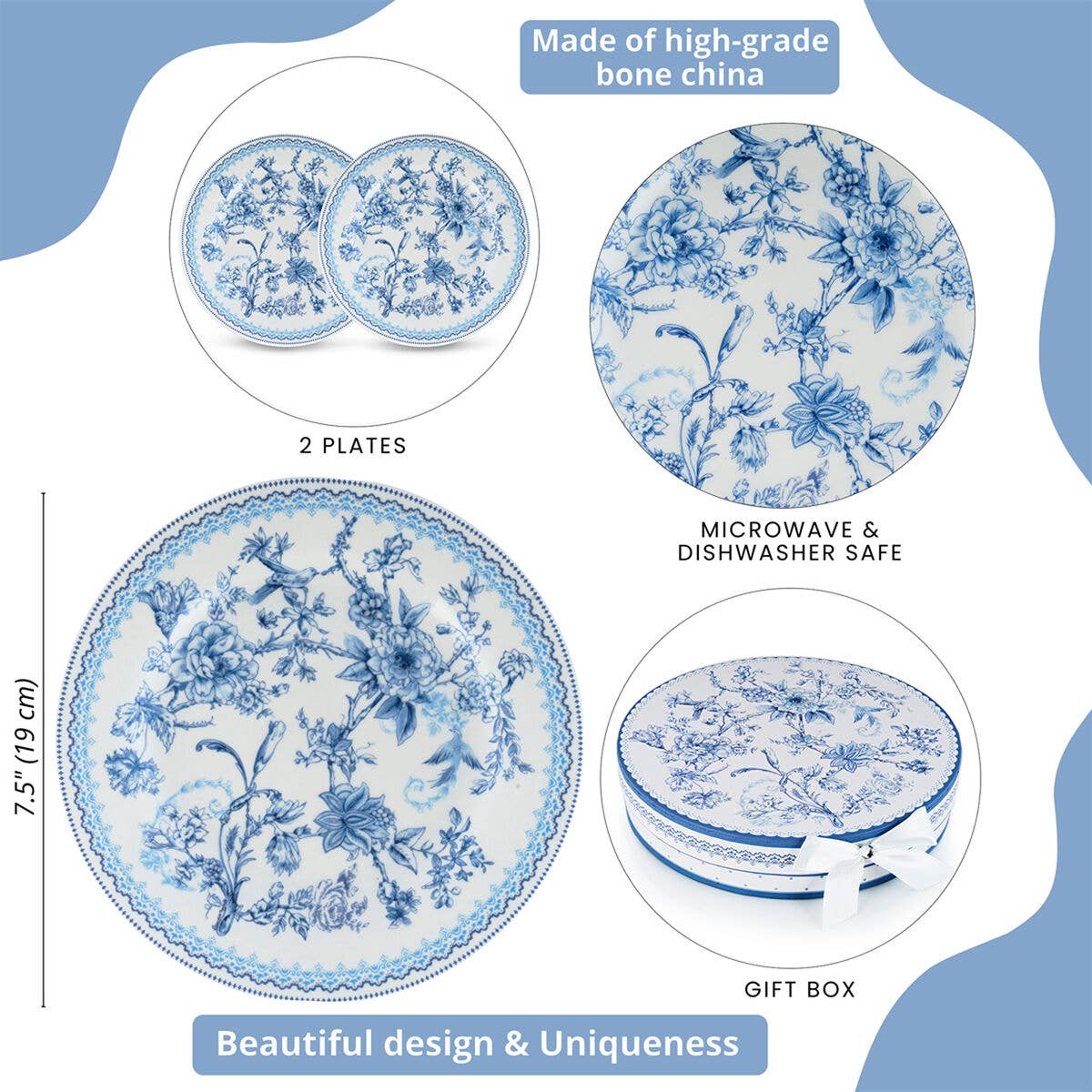 STP - Vente Assiette - Ensemble de 2 assiettes à dessert en porcelaine à fleurs bleues dans une boîte cadeau1