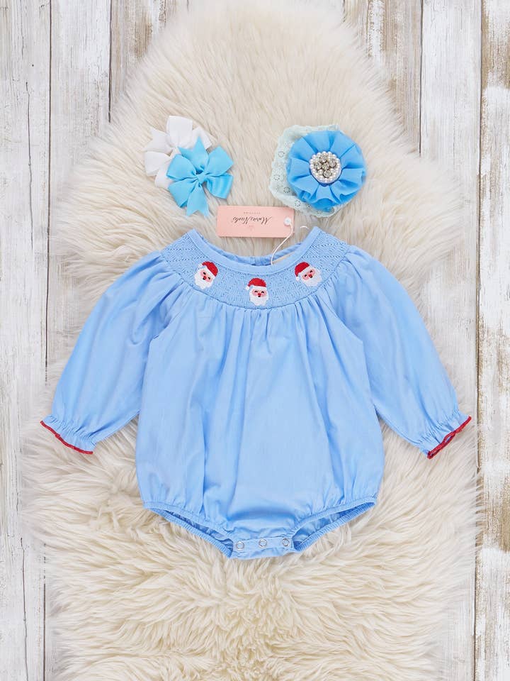 Marie Nicole Clothing - Wholesale Bodysuit (Non-Footed) - Baby - Blue Chambray Smocked Santas Ruffle Bubble0
