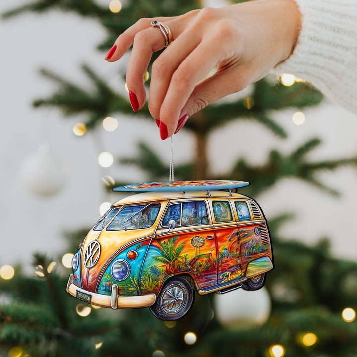 Designocracy - Wholesale Ornament - Beach Themed Ornaments - Hippie Van Wooden Ornaments