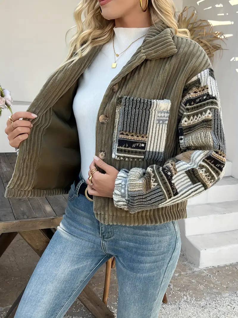 Olive Western Aztec patchwork fleece button-up jacket for wholesale on Faire2