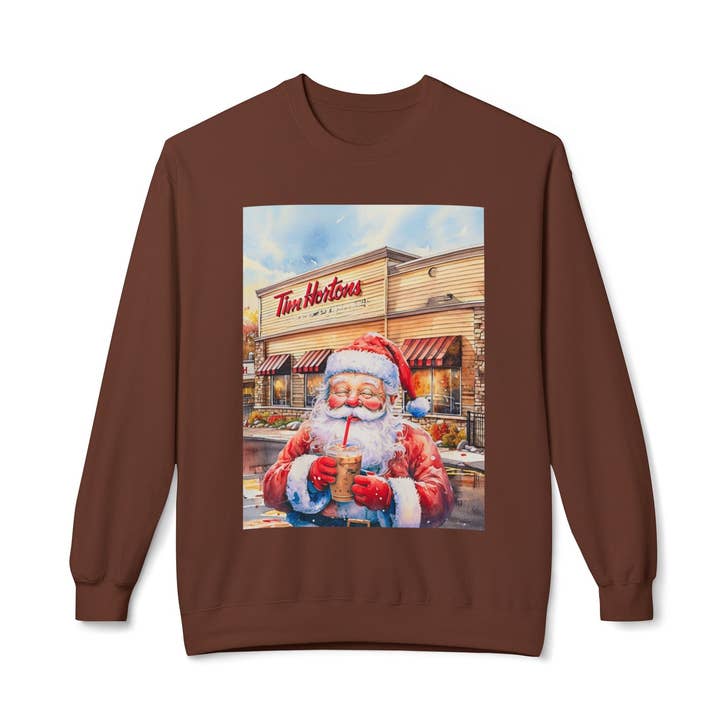 Buffalovely - Wholesale Graphic Sweatshirt - Women's - Santa with an Iced Coffee at Tim Horton's Cozy Unisex Christmas Crewneck Sweatshirt39