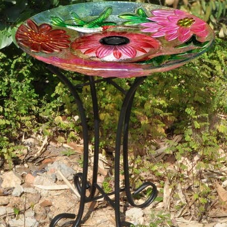 Hi-Line Gift Ltd. - Wholesale Bird Bath - Solar Floral Glass Hummingbird Bath With Stand