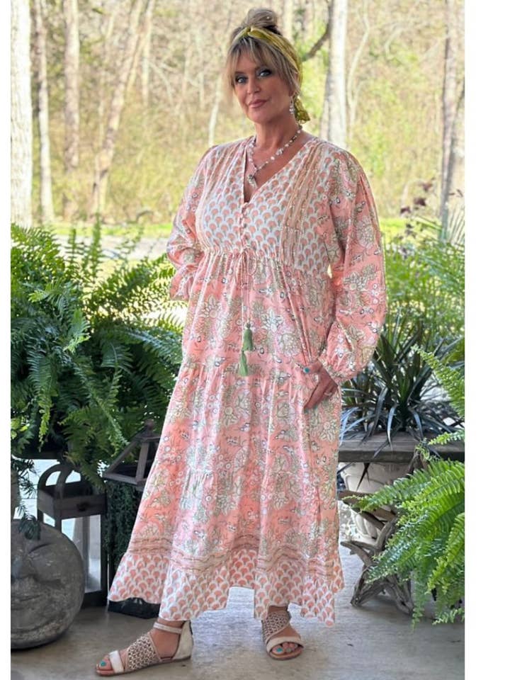 Patchwork Sunrise Maxi Jurk - Perzik - JG-208 voor wholesale door Jaded Gypsy