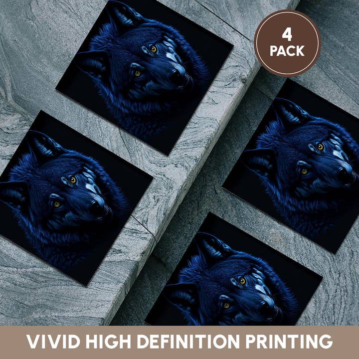 3dRose - Wholesale Coasters - 3dRose, Mystical, magical wolf portrait. Yellow eyes. Dark blue, black gift, Coaster5