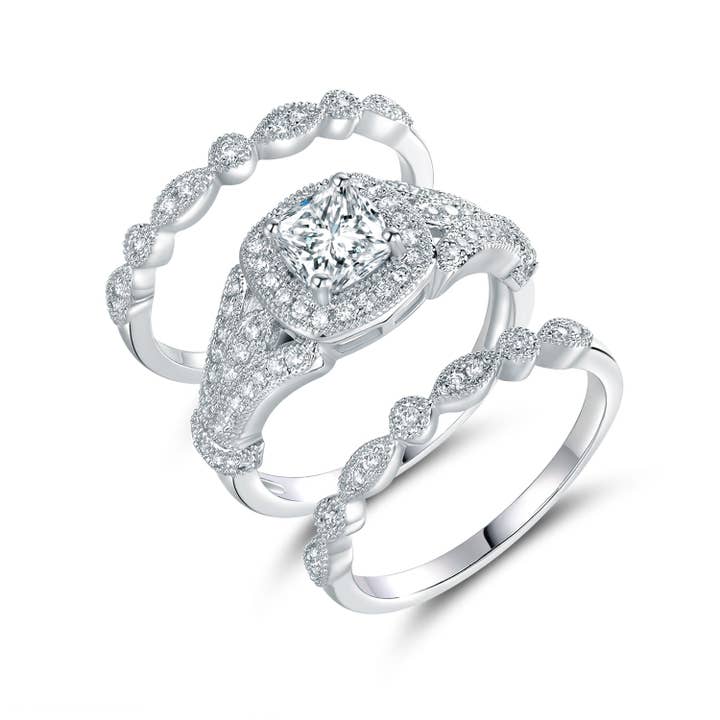 3 Piece Wedding band with Crystals in 18K White Gold for wholesale by Amy and Annette