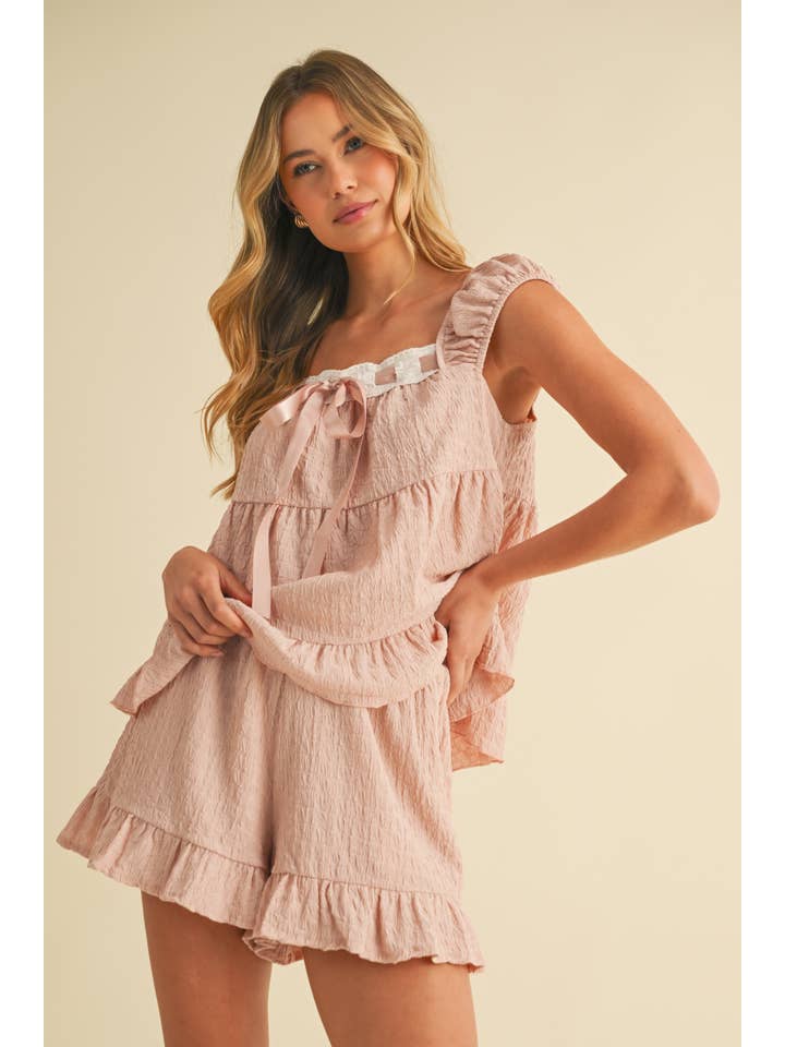 Klesis - Wholesale Lounge Set - Women's - IST5888 CONTRAST RIBBON RUFFLED HEM TOP AND SHORTS SET