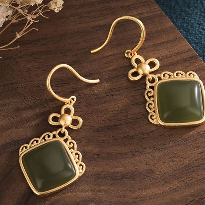 Östra stil mörkgrön fyrkantig jade örhängen för wholesale av Bright MacMing