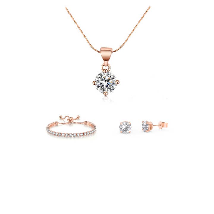 Juego de collar, pendientes y pulsera chapados en oro rosa de 10 quilates con zafiros blancos de 6 quilates para venta al por mayor de Paris Jewelry