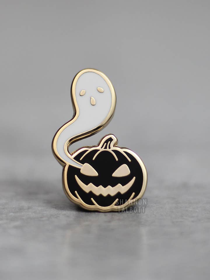 Ghost and Pumpkin Spooky Goth Halloween Enamel Pin - Gold for wholesale by Shannon Talbott