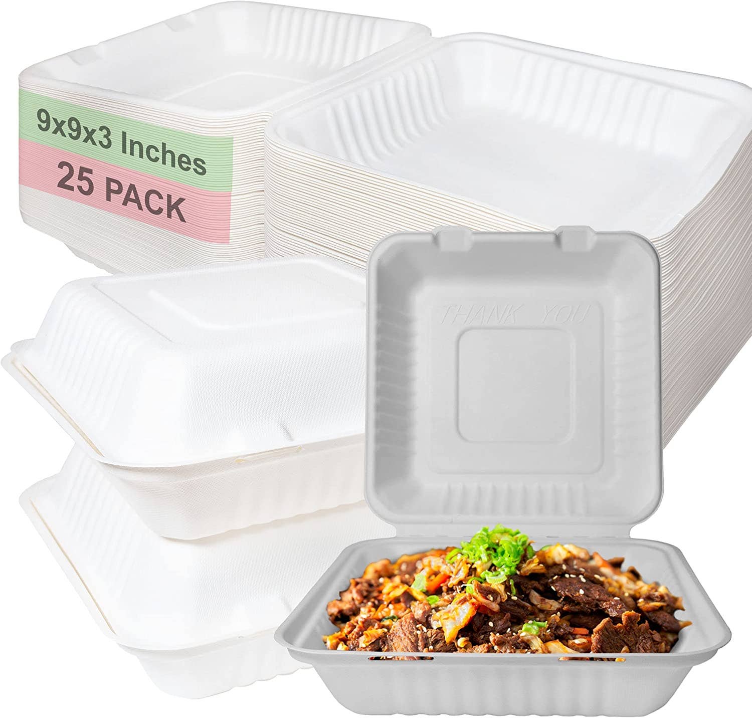 EcoQuality - Venta al por mayor Recipientes para alimentos - Caja compostable cuadrada con bisagras para comida para llevar de 9 x 9 pulgadas