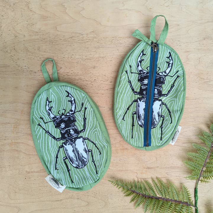 ilikesara | art + goods - Wholesale Pencil case/pouch - zippered pouch | stag beetle - green insect/bug pencil, supply, makeup bag with waterproof lining4