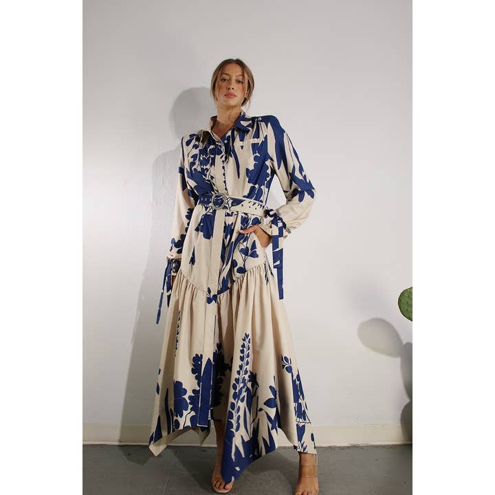 BLUE MULTI PRINT UNEVEN BELTED LONG DRESS for wholesale on Faire10