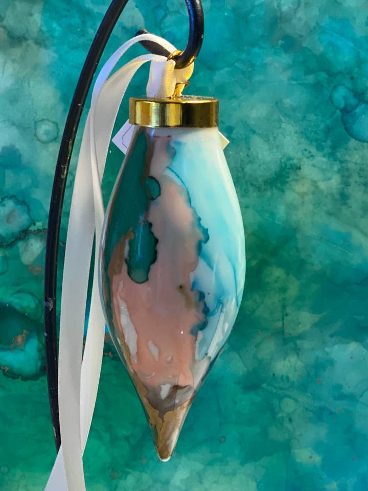 Hand Painted Teardrop Ornament - Teal Blues & Peach for wholesale by Held.