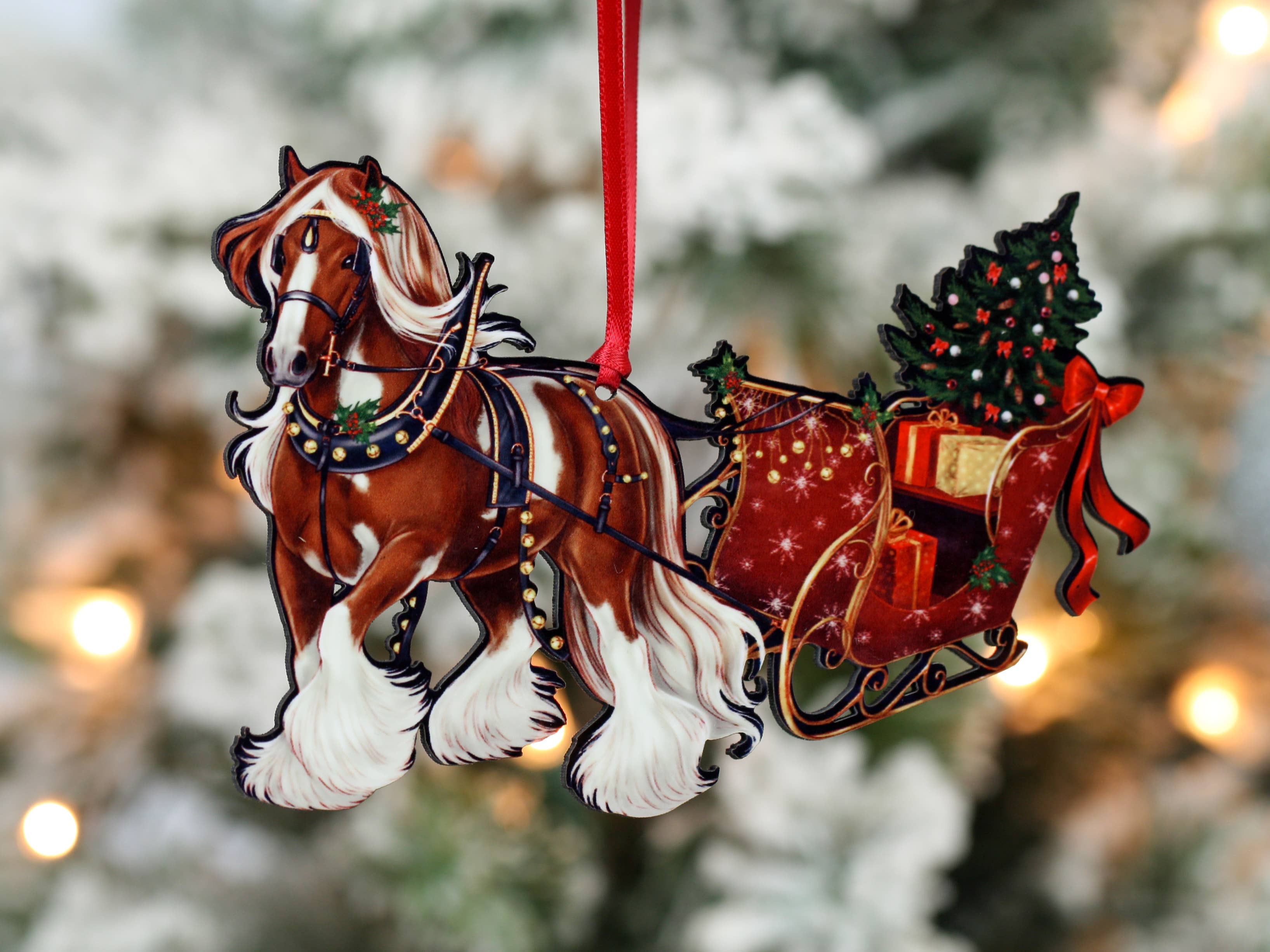 Classy Equine - Wholesale Ornament - Chestnut Tobiano Gypsy Cob Horse Sleigh Christmas Ornament2