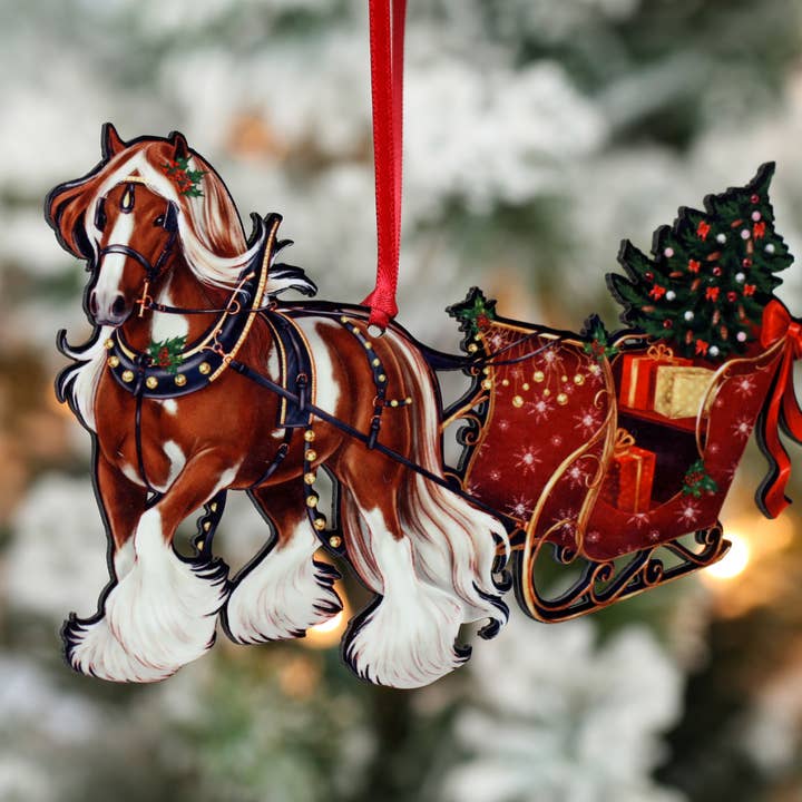 Classy Equine - Wholesale Ornament - Chestnut Tobiano Gypsy Cob Horse Sleigh Christmas Ornament2