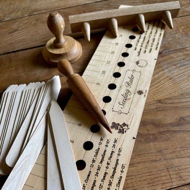 Garden Gift Set - American Hardwood Seed and Bed Ruler, Dibblers, Pot Tamper and Markers for wholesale by Celtic Farm LLC