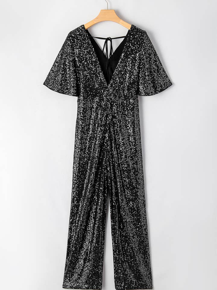 Black Sequin V Neck Flutter Sleeve Wide Leg Jumpsuit for wholesale on Faire4