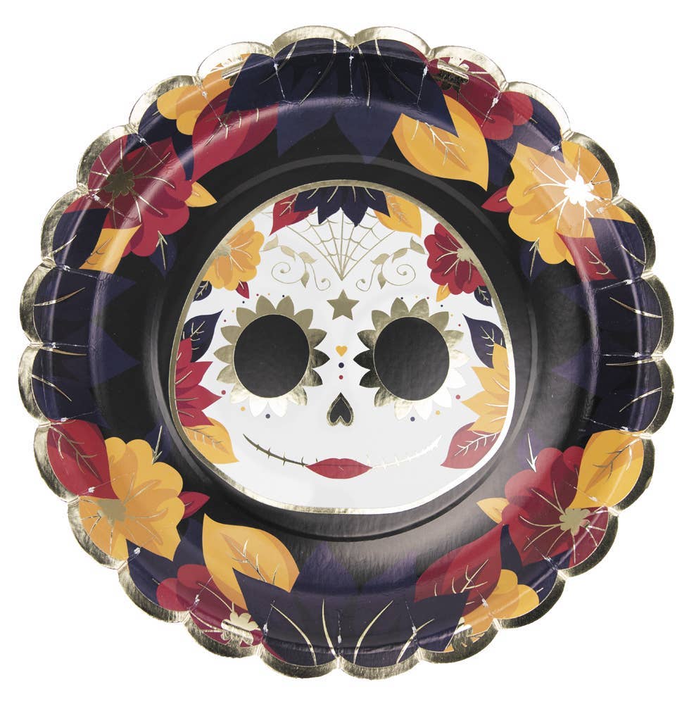 Tim&Puce Factory - Vendita all'ingrosso Piatti monouso - PIATTI SMERLATI 23 CM DIA DE LOS MUERTOS E ORO X 8