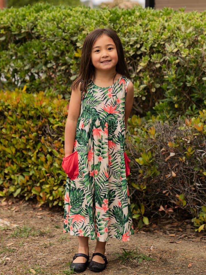 Printed Midi Pocket Little Girls Dress for wholesale by Tickled Teal