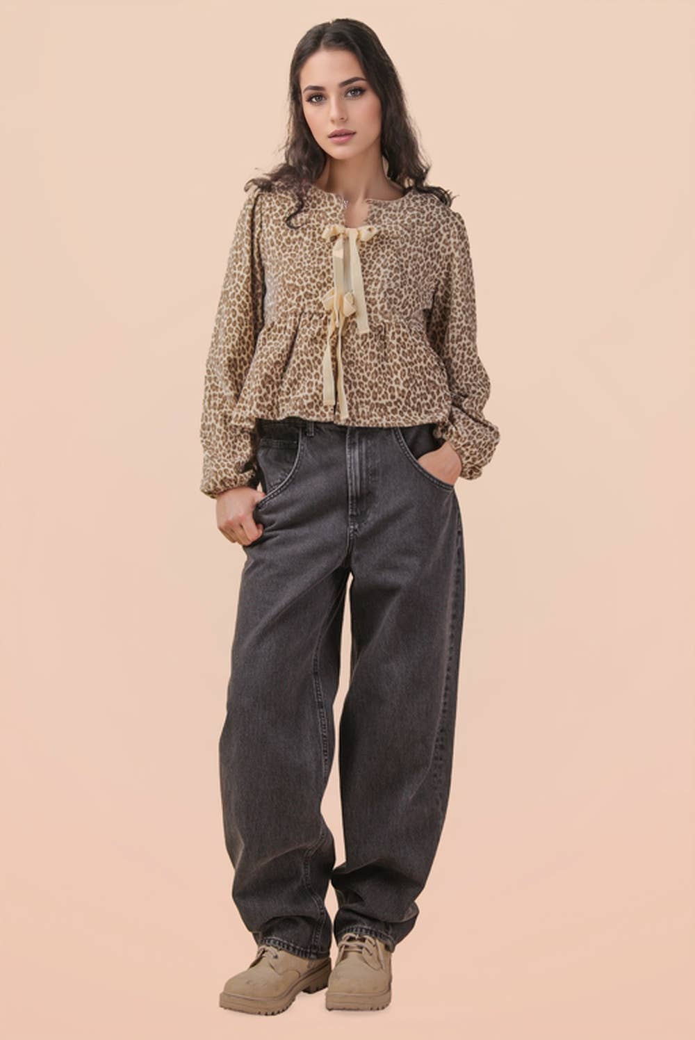 VERY J - Wholesale Blouse - Women's - NT12244-Leopard Printed Front Tie Woven Blouse Top4