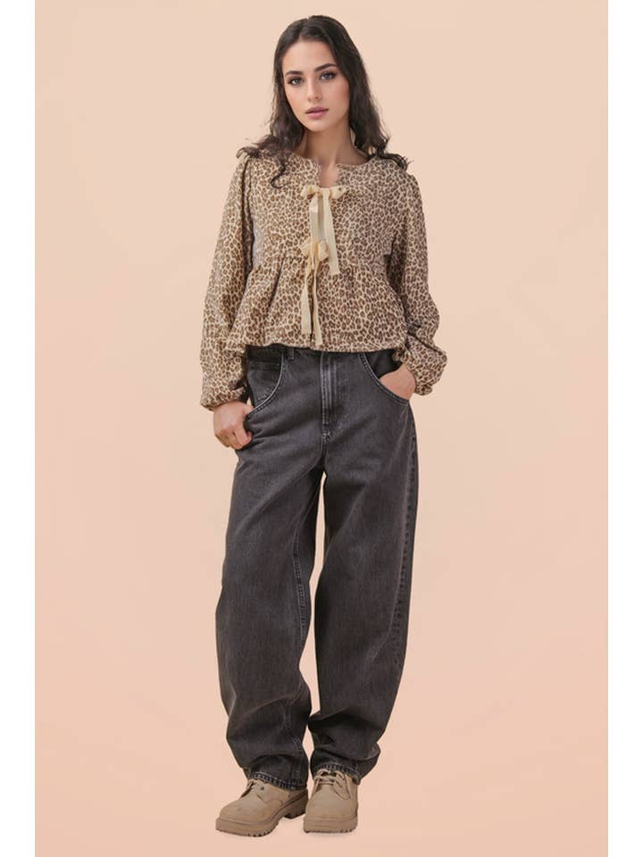 VERY J - Wholesale Blouse - Women's - NT12244-Leopard Printed Front Tie Woven Blouse Top4