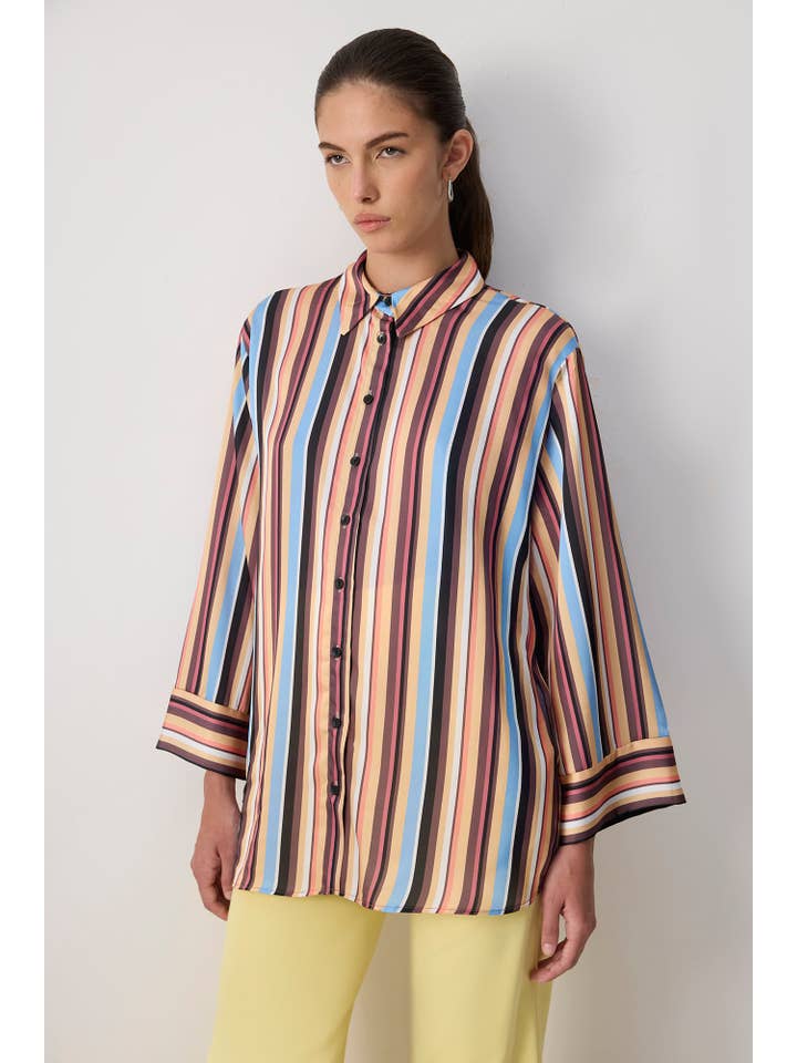 Orange MULTICOLOR STRIPED PATTERNED SATIN SHIRT WITH STATEMENT CUFFS for wholesale on Faire0