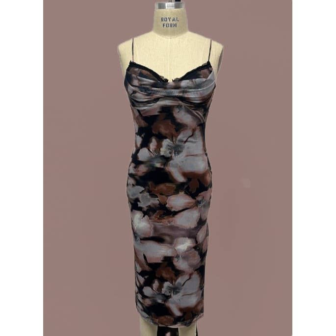 Große Größen Mesh-Kleid mit Blumenmuster, Spitzenbesatz, Wasserfallausschnitt, figurbetont, Midi. für den Großhandel von Curve Market