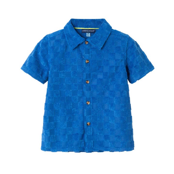 Kids (2-8) Textured Terry Shirt & Short Set| Blue Check for wholesale on Faire
