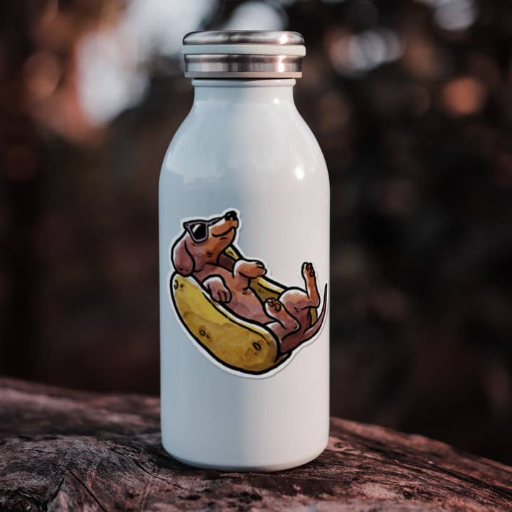 "Hot Dawg" Funny Hotdog Wiener Dog Sticker for wholesale by Aaron Millard Illustration