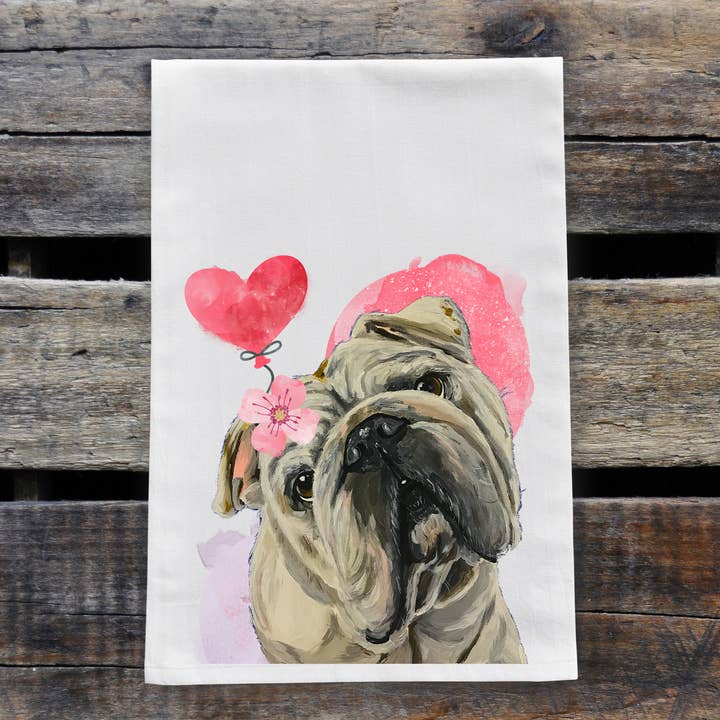 Hippie Hound Studios - Vente Torchons - Serviette en farine pour chiens, « English Bull », pour la Saint-Valentin