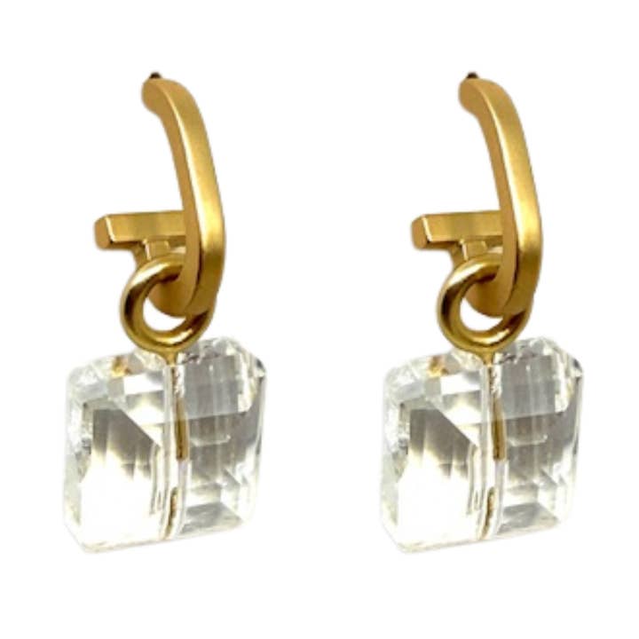 Matte Gold Paperclip and Clear Square Crystal Charm Earrings for wholesale by Deborah Grivas Designs