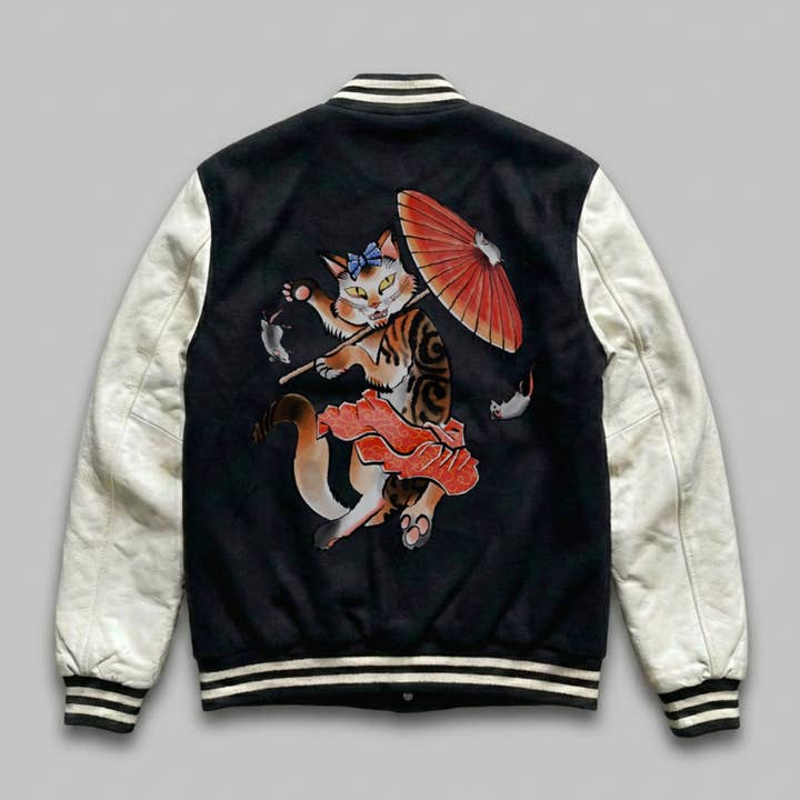 Jaqueta universitária oldschool gato e rato por atacado de Mary Cotton Couture