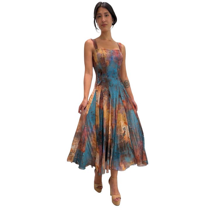Robe MONET sans manches longueur midi évasée à panneaux pour la vente par Elana Kattan