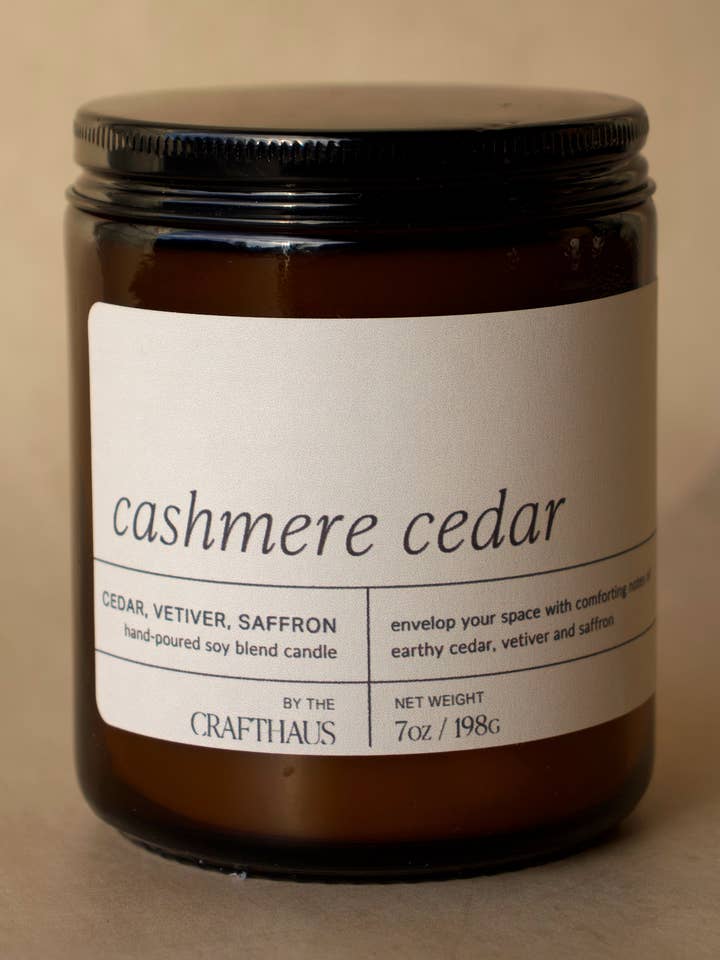 Cashmere Cedar - 7 oz. Amber Glass Soy Candle for wholesale by The Crafthaus