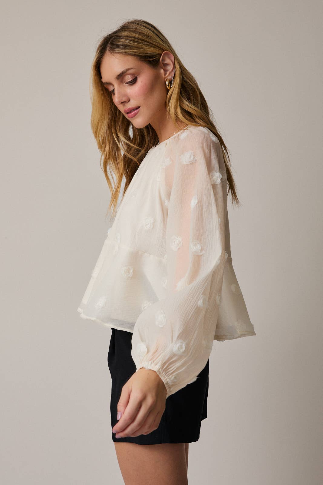 Sunday Edition - Wholesale Blouse - Women's - ROUND NECK LONG SLEEVE TIERED MESH BLOUSE11