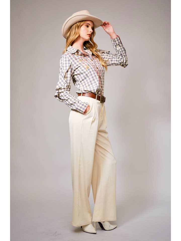 GREY 23566T - Gingham Embroidered Western Snap Blouse for wholesale on Faire