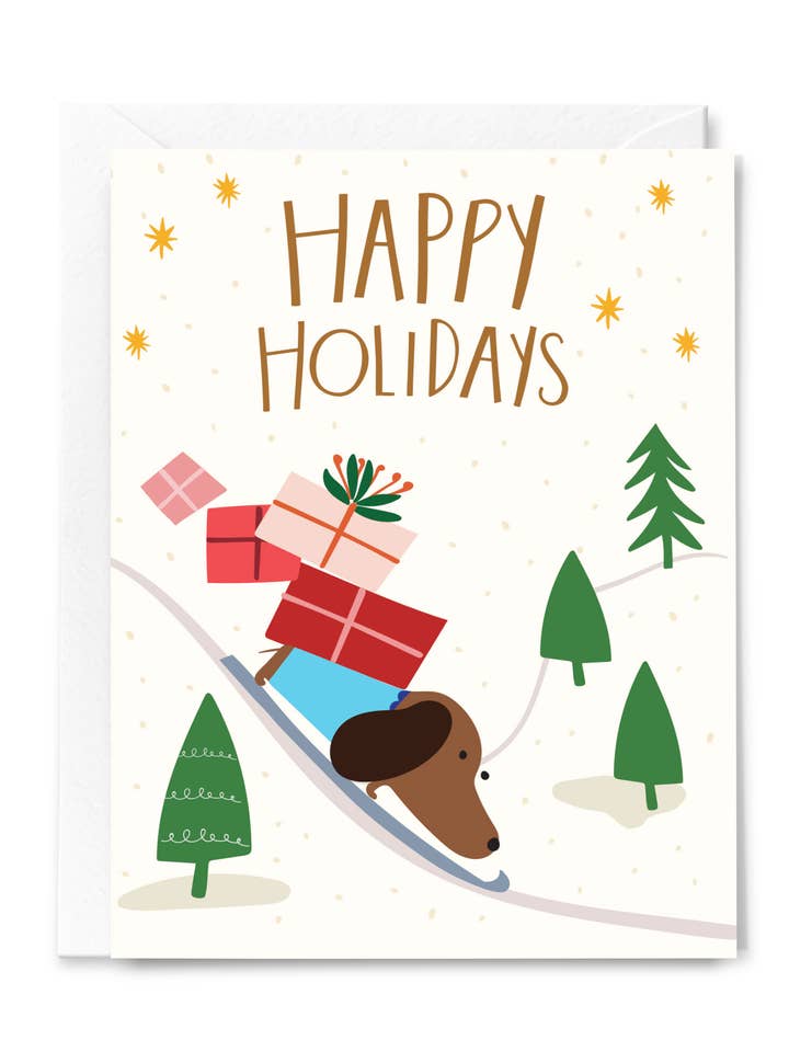 Biglietto di consegna del giocattolo da slitta Dachshund per la vendita all'ingrosso da parte di Happy Just Happy